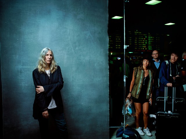 Patti Smith photographed in the Amtrak departure lounge at Penn Station, New York City, 8/27/2015